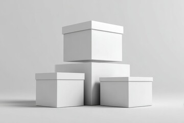 A minimalist arrangement of stacked white boxes on a soft grey background, presenting a clean and modern aesthetic suitable for product display and design mockups.