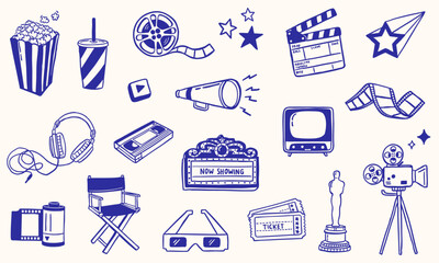 cinema movie film elements doodle illustration sketch - hand drawn - collection set