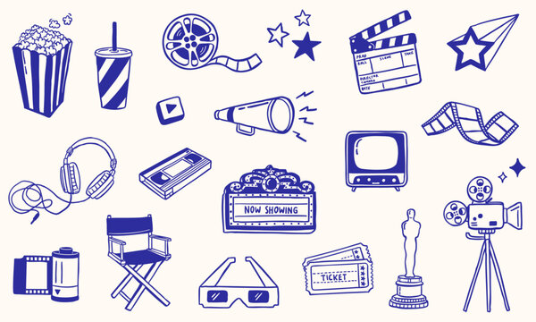 cinema movie film elements doodle illustration sketch - hand drawn - collection set