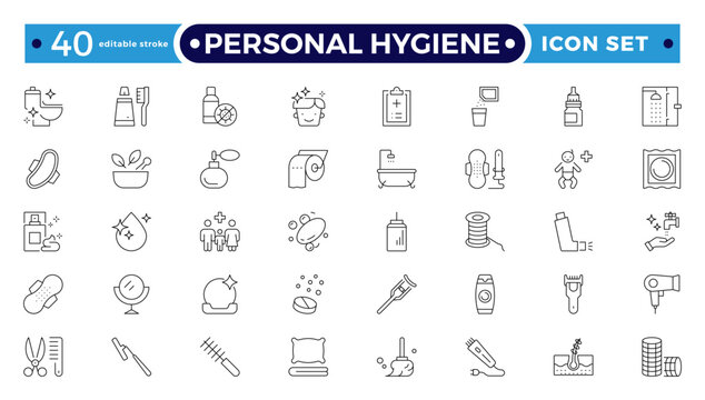 Personal Hygiene Outline Icons set. Contain icons related to Hygiene, clean, sanitary, towel, wash, liquid , and more. Editable stroke outline icon.
