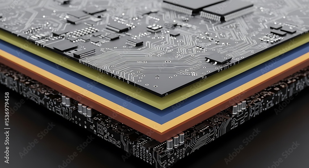Poster circuit board layers showing electronic components and structure