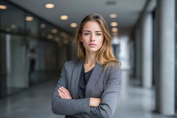 A woman standing in a hallway with her arms crossed