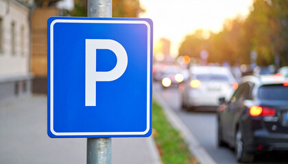 Blue metal city street parking sign, blurred cars in background. Urban car park space, traffic.
