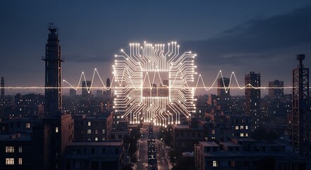 Circuit Board Glows Over Cityscape Digital Network Concept