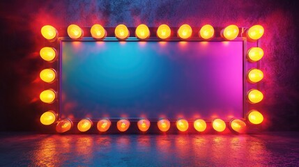 A neon sign with a blank space in the middle. The sign is lit up with bright lights and is surrounded by a dark background. Scene is energetic and exciting, as if it is a stage or a concert venue