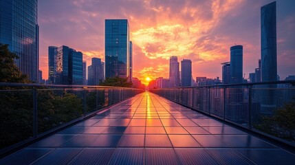 A city skyline with a beautiful sunset in the background. The sky is filled with clouds, and the sun is setting behind the buildings. The cityscape is illuminated by the sun's rays, creating a warm