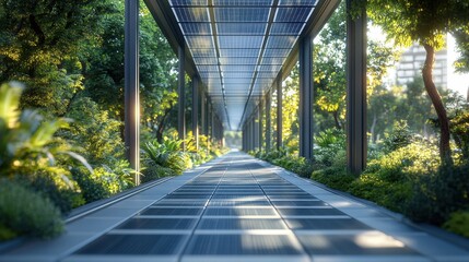A walkway with a lot of greenery and trees. The walkway is made of tiles and is illuminated by sunlight