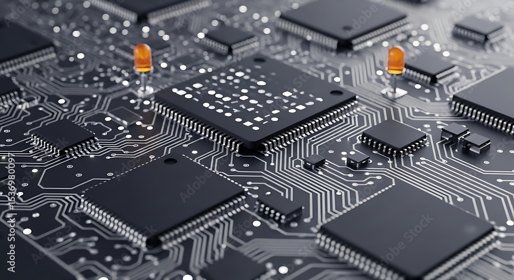 Poster circuit board close-up with electronic components and trace pathways