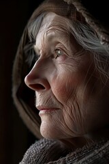 Closeup Portrait of Elderly Woman Wrinkled Face Profile View Deeply Textured Skin Aging Beauty Mature Woman Grey Hair Brown Knitted Scarf Dramatic Lighting Detailed Texture Realistic 3D Render High   