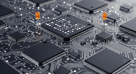 Circuit Board Close-up with Electronic Components and Trace Pathways