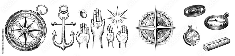 Poster vector vintage navigational instruments and celestial symbols are presented as detailed vector illus