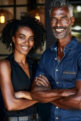 Confident Business Couple Portrait Diverse Team Success Achievement Powerful Leadership Strong Partnership Professional Image Elegant Attire Modern Workplace Entrepreneurs Small Business Owners Happy 