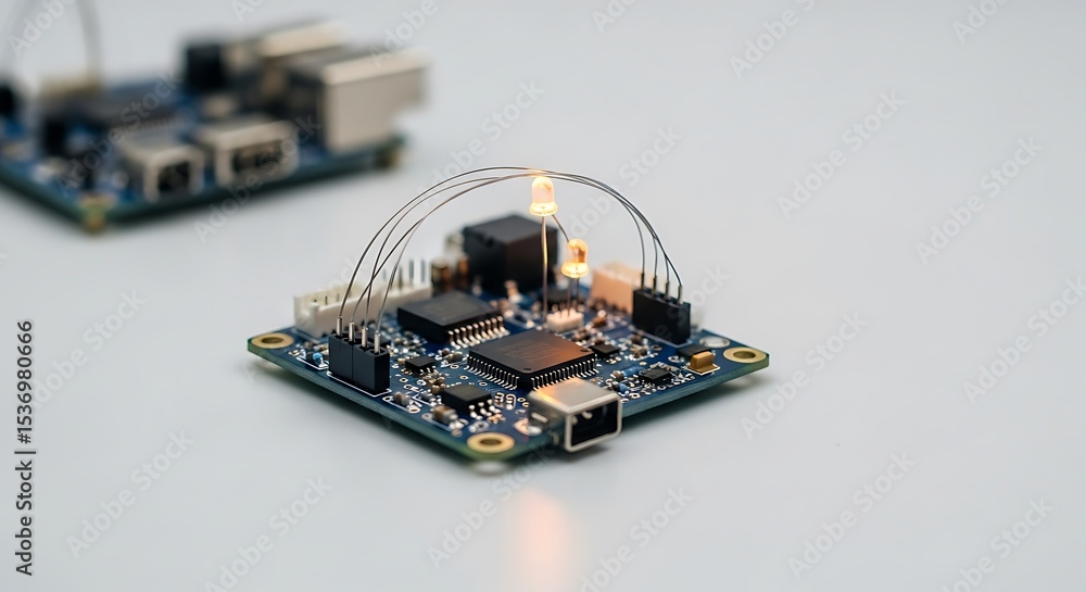 Poster electronics prototype board with glowing led technology demonstration