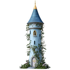 Enchanted Fairy Tale Tower with a Blue Conical Roof, Golden Spire, and Lush Green Vines Adorned with Flowers, Evoking Magic, Princesses, and Whimsical Castles for Children's Stories and Fantasy Design