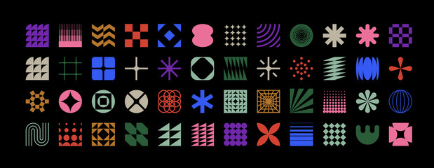 Brutalist geometric shapes, modern symbols.