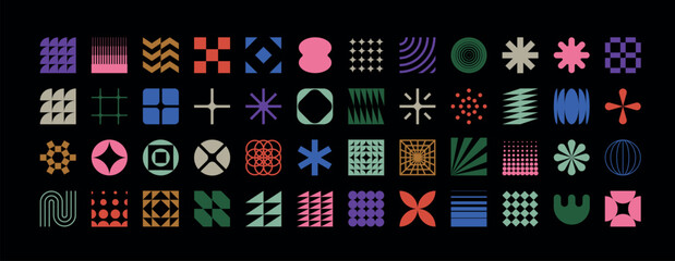 Brutalist geometric shapes, modern symbols.