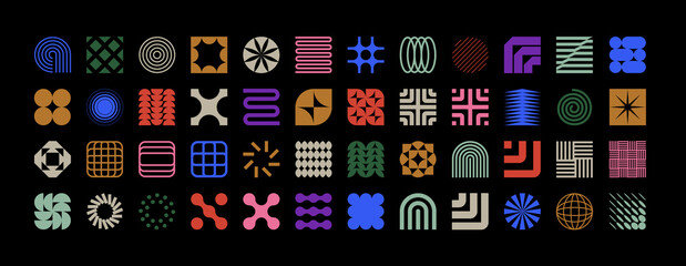 Brutalist geometric shapes, modern symbols.
