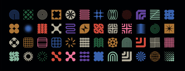 Brutalist geometric shapes, modern symbols.