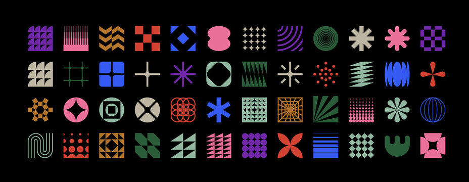 Brutalist geometric shapes, modern symbols.