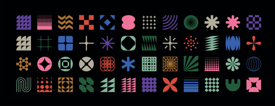 Brutalist geometric shapes, modern symbols.