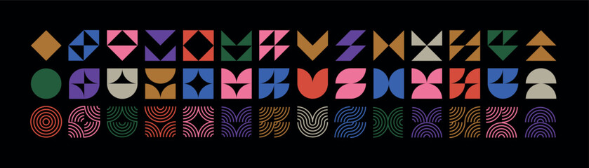 Brutalist geometric shapes, modern symbols.