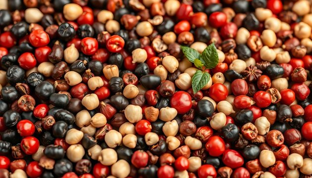 Vibrant mix of black, red, white peppercorns & allspice seeds,  still life,  background