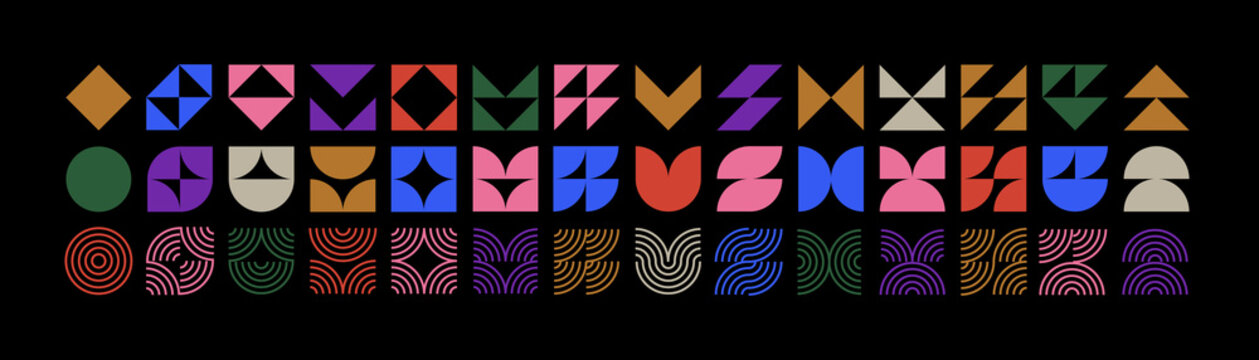 Brutalist geometric shapes, modern symbols.