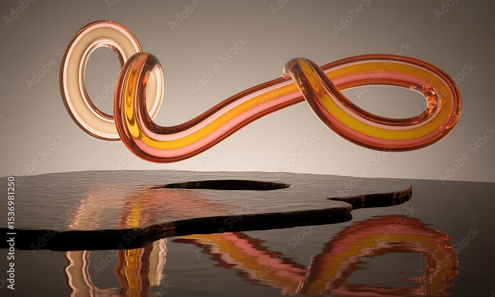 Poster abstract swirling glass loop with reflection on dark surface