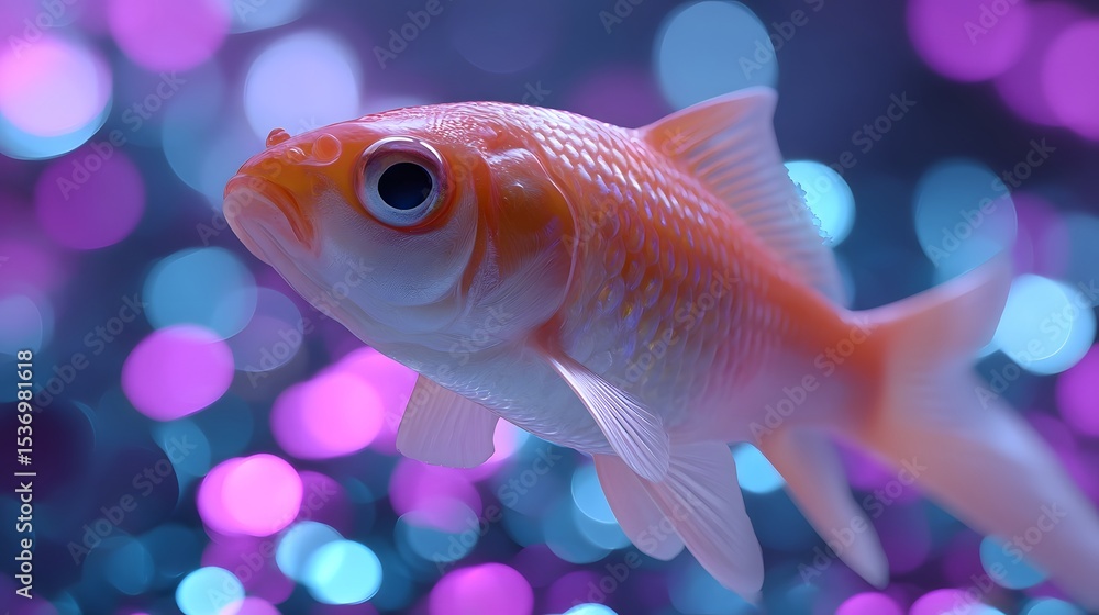 Poster close-up view of a vibrant goldfish gracefully moving through a mesmerizing, dreamlike environment f