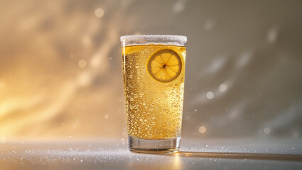 Refreshing cold glass of golden beer with lemon slice and sugar rim on golden background