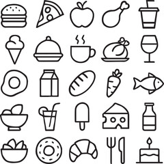 Foods and drinks all icon set line art vector illustration.