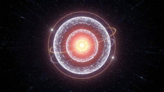 Symmetrical glowing atom model with concentric energy shells and radiating light in deep space

