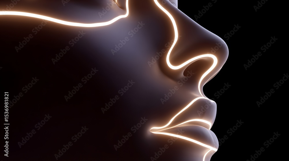 Poster an abstract digital portrait featuring a face created with soft, flowing lines of light, blending te