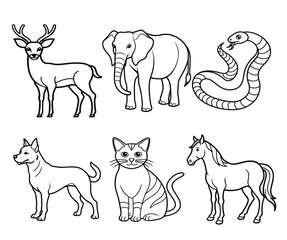 Adorable Animal Line Drawings Coloring Pages Featuring Deer, Elephant, Snake, Dog, Cat, and Horse