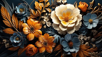 Fototapeta premium Elegant 3D Paper Flowers in Orange and Blue, Artistic Botanical Luxury Floral Design