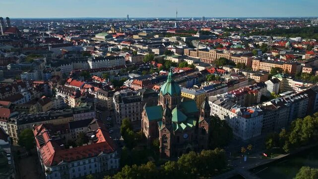 Aerial view of St. Lukas Church, the largest Protestant church in Munich