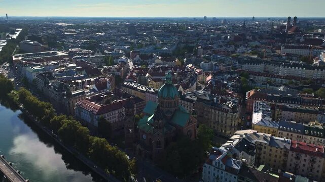 Aerial view of St. Lukas Church, the largest Protestant church in Munich