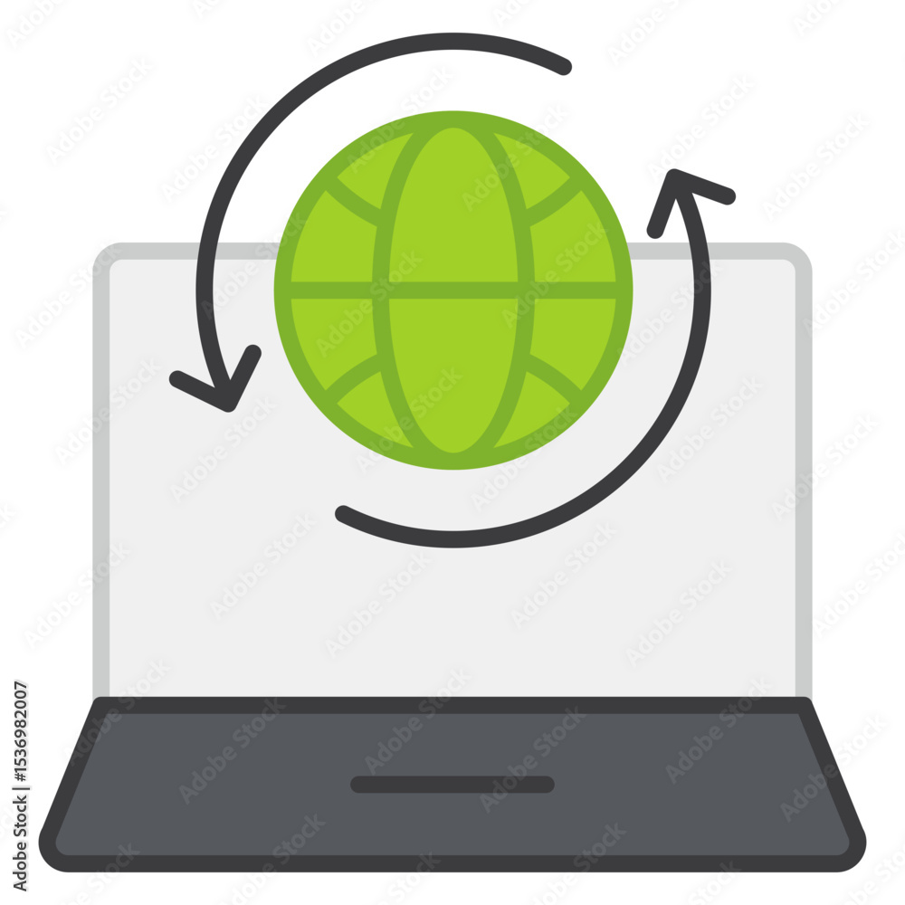 Aufkleber modern laptop icon with rotating green globe symbolizing global network connectivity and digital ref
