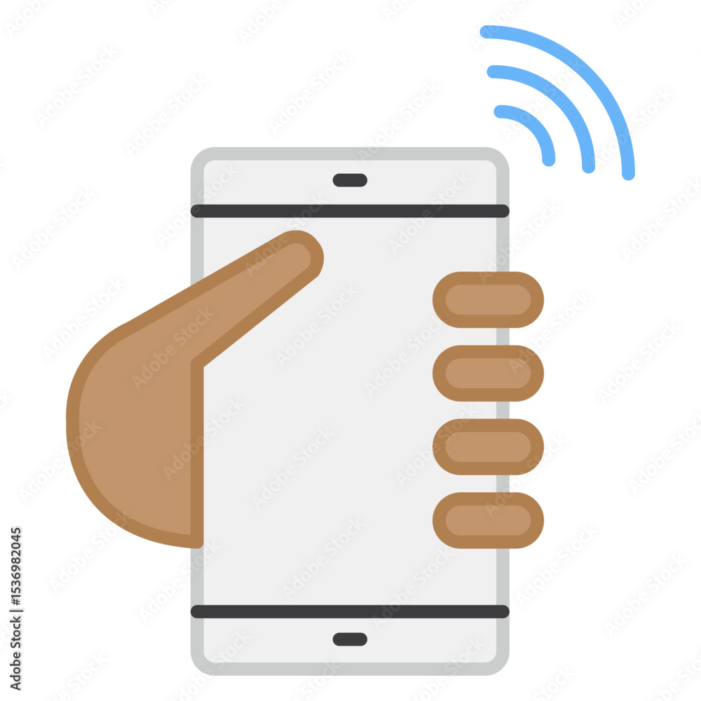 Poster human hand gripping mobile device with active wireless signal indicating internet connection and dig