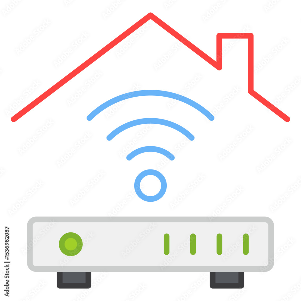 Poster wireless internet router with radiating wi-fi signals under a house outline representing smart home 