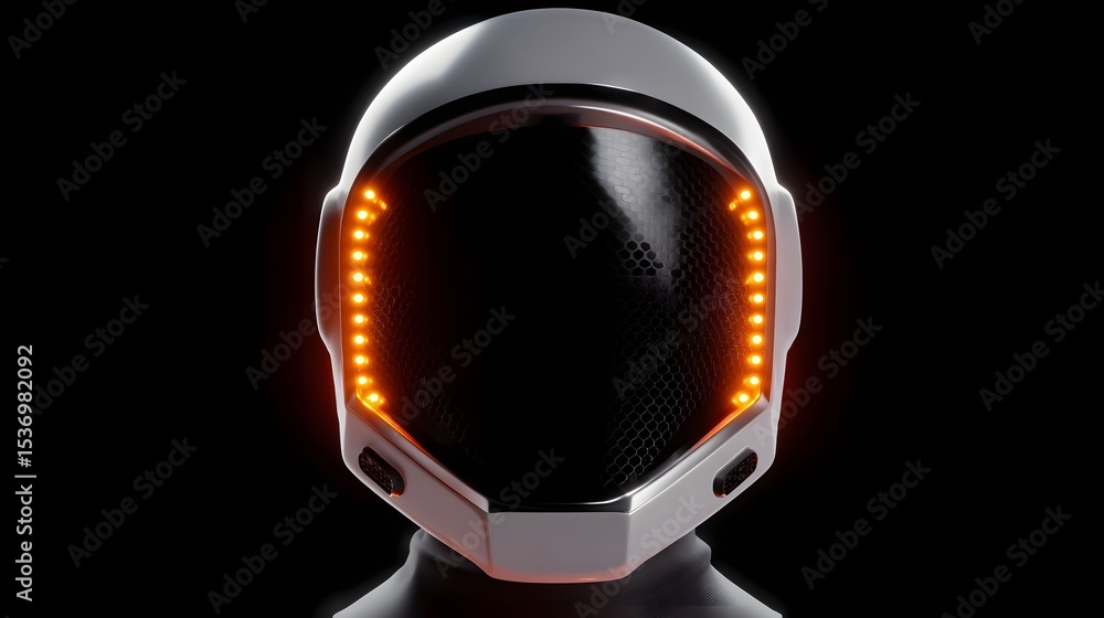 Poster a sleek, high-tech helmet with a glowing display and advanced features, designed for futuristic and 