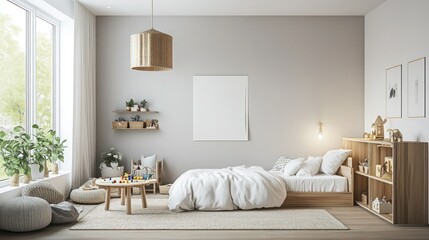cozy bedroom interior, minimalist decor, large windows, natural lighting, wooden furniture, neutral color palette, potted plants, warm lighting, scandinavian style, bright and airy atmosphere
