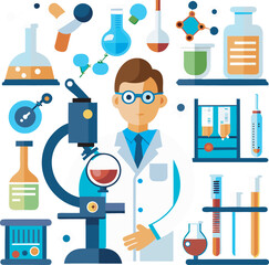 A collection of stylized laboratory and scientific equipment icons, featuring beakers, test tubes, microscopes, and other lab tools, designed with a modern and clean aesthetic