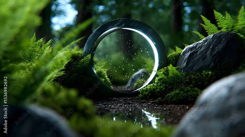 Poster a magical glass sphere reflects the enchanting forest surrounding it, creating a surreal portal that