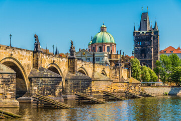 A view of the Charles Bridge and the eastern shore of the Vltava river in Prague in springtime