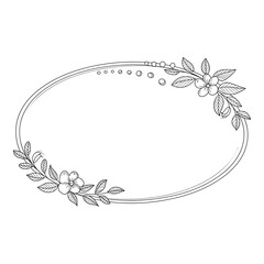 Floral oval frame with flowers and leaves isolated on white background