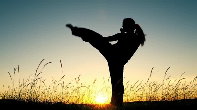 Silhouette of Woman Performing a High Kick at Sunset