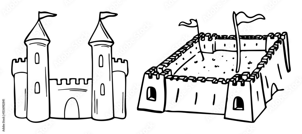 Poster vector detailed vector of two medieval castles with flags.
