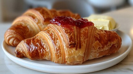 Croissant with jam and butter on white porcelain plate French bakery style flaky layers 