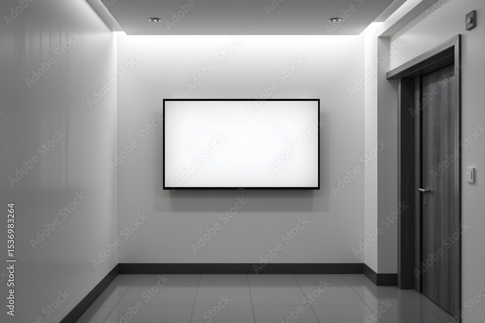 Poster blank canvas in architectural corridor: a captivating shot features a digital screen suspended on a 